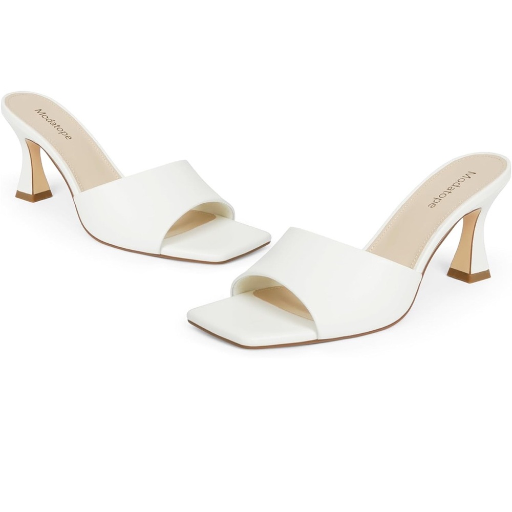 ModaAtopé White Square Toe Slide Sandals – Kitten Heel, Minimalist, Size 7 (NWT)